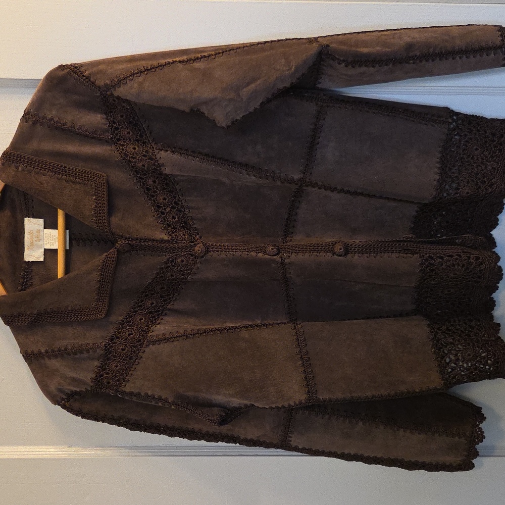 Kroshetta by Papillion Brown Suede and Crochet Women's Jacket/Top L